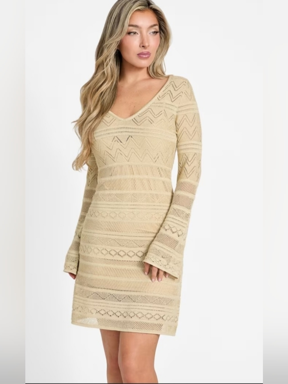 Guess Eco Nellie gold lurex crochet knit vneck long sleeve Sweater Dress size XS